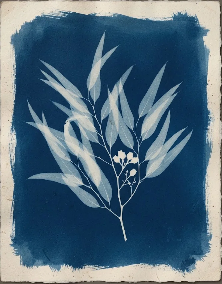A cyanotype plate of a eucalyptus branch